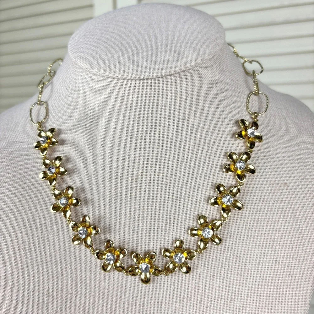 Beautiful Ann Taylor Gold Tone Floral Statement Necklace Rhinestone 90s Vintage